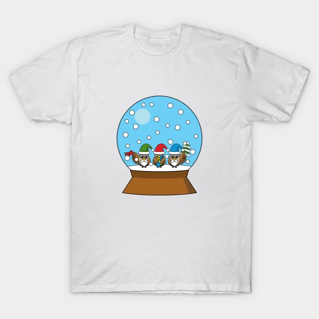 Snow Globe with Three Gnome Owls T-Shirt by BirdAtWork